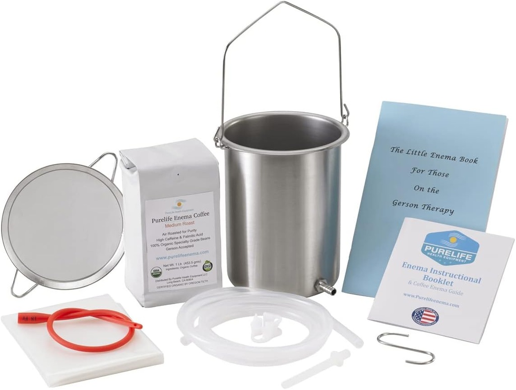 PureLife Coffee Enema Kit- Made in USA - 모든 필요한 키트 - 2 Qt USA 스테인레스 스틸 Enema Enema 물통 - 실험실 테스트 유기 Enema 커피 - 금형, Fungus, Mycotoxin 무료 - 1 파운드 - 커피 스트레이너