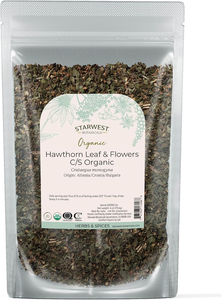 Starwest Botanicals Organic Hawthorn Leaves & Flowers - 차, 여성 및 남성을위한 자연 웰빙 지원, 컷 및 Sifted, 공인 Kosher, Non-GMO - 4 온스 파우치