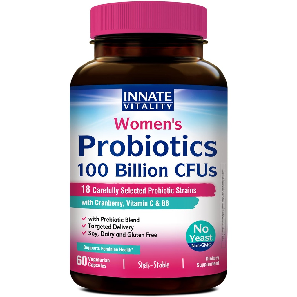 여성을위한 Innate Vitality Probiotics, 100 억 CFUs 18 Strains, Prebiotics 및 Probiotics, Cranberry, 비타민 C & B6 P5P, 질 & 소화 건강, 비 냉장, 60 모자