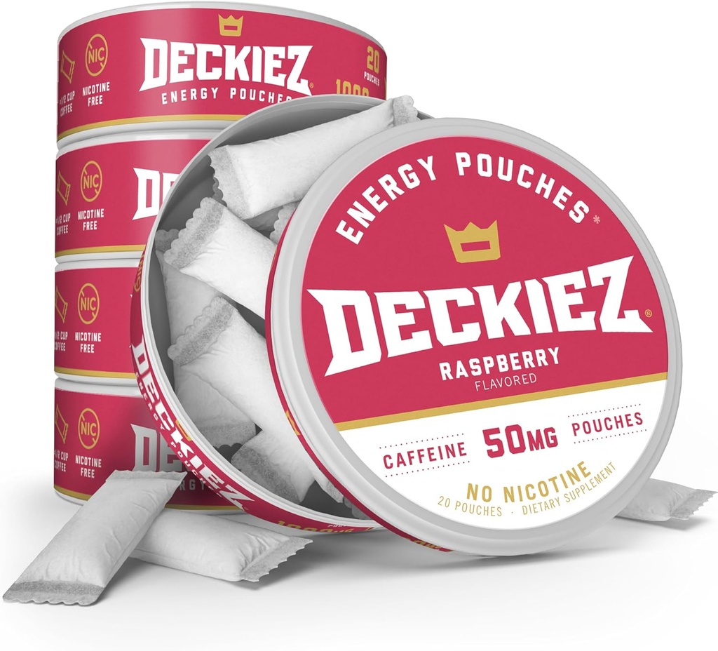 Deckiez 에너지 주머니, 5개의 깡통 (100의 서빙), 설탕 자유로운 카페인 보충교재, 커피 주머니 & 에너지 음료 대안, 50mg 카페인 주머니, 라즈베리 풍미