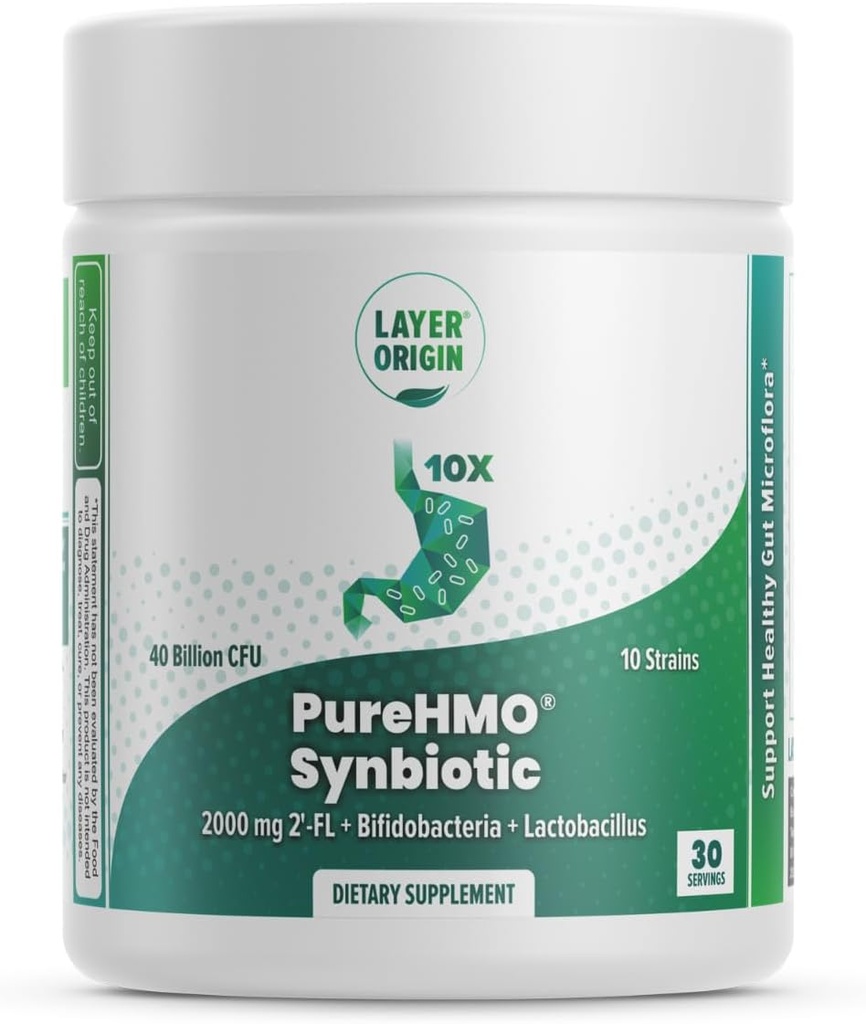레이어 원산지 | PureHMO Synbiotic: Prebiotic + Probiotic, 2000 mg of Human Milk Oligosaccharides Powder, 10 Strains, 40 Billion Probiotic - 분말 형태