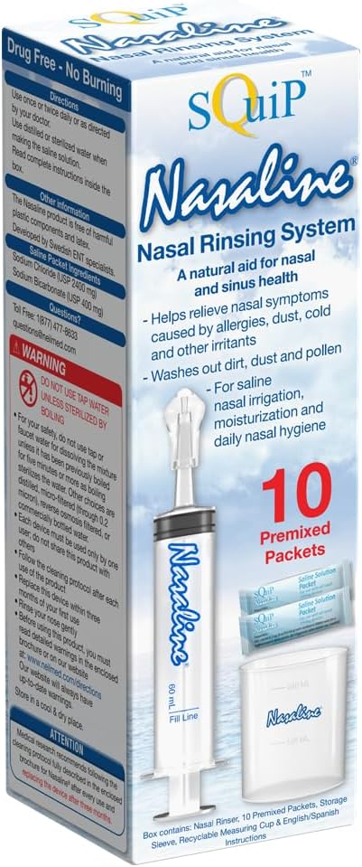 10 Premixed Saline Packets를 가진 Squip Nasaline Nasal Rinsing 체계