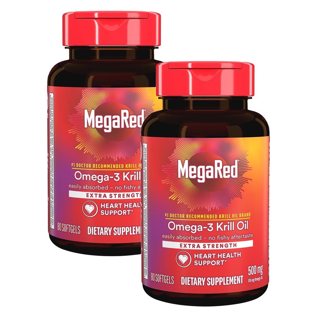EPA/DHA를 가진 MegaRed 여분 힘 500mg Omega-3 Krill 기름 보충교재, 물고기 aftertaste 지원 심장 건강, 80 조사 Softgels (2 팩)
