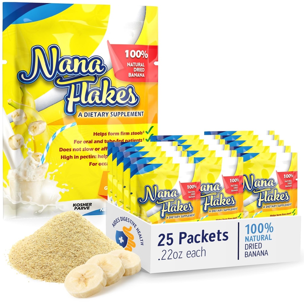 Nana Flakes 100 % 순수 바나나 조각 의료 식품 분말 - Diarrhea & Heart Burn을위한 지방 흡입 및 천연 Remedy - 단백질 및 섬유의 훌륭한 소스 (25 단일 공급 팩)