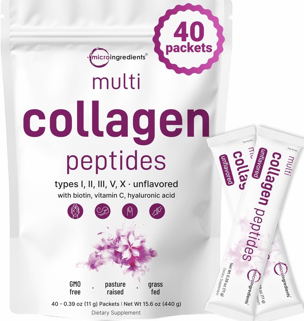 마이크로 성분 다 교원질 펩티드 분말, 40의 지팡이 팩 | 유형 I, II, III, V, X + Biotin, 비타민 C & Hyaluronic 산 | 불완전한 | 지원 머리, 피부 & 합동 건강 | Keto, Non-GMO