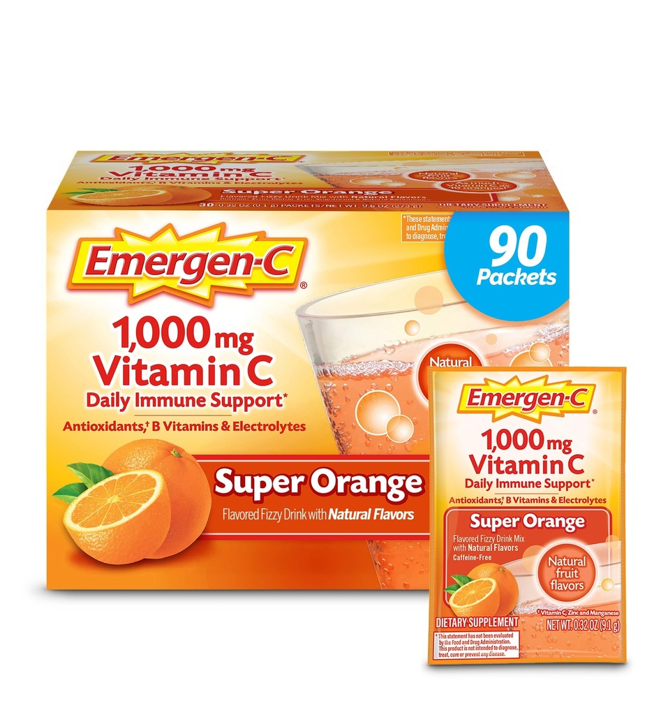 매일 면역 지원 카페인 자유로운 비타민 C를 위한 Emergen-C 1000mg 비타민 C 분말 아연과 망간, B 비타민 및 전해질, 최고 주황색 풍미 - 90 Count/3 달 공급