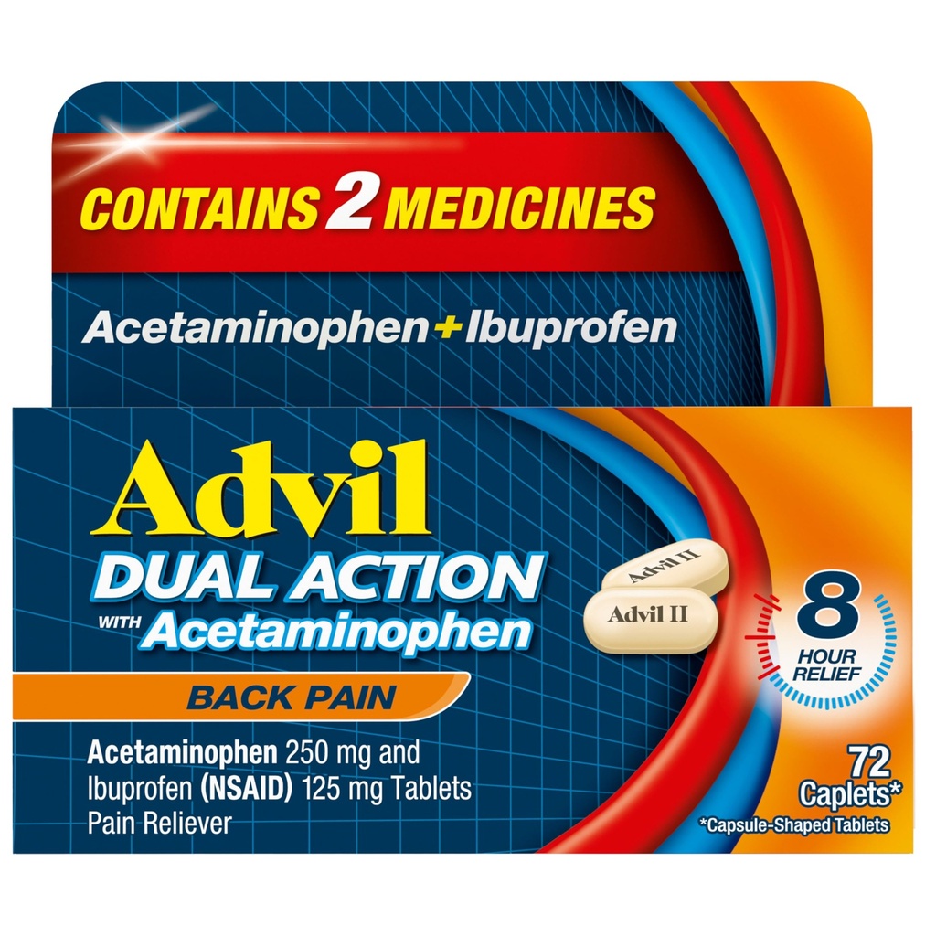 Advil 이중 활동 뒤 고통 작은 구멍은 250mg Ibuprofen를 전달하고 뒤 고통 구호의 8 시간 동안 복용량 당 500mg Acetaminophen - 72 조사