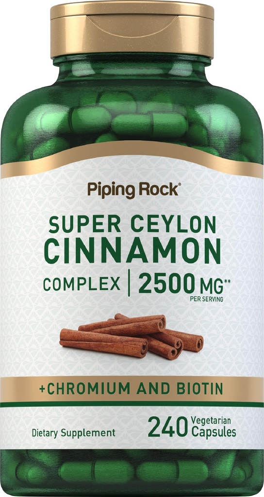 Piping Rock Super Ceylon Cinnamon Complex Capsules | 240 Powder Pills | Chromium, Biotin의 보충 교재 | 채식주의, 비 GMO, 글루텐 무료