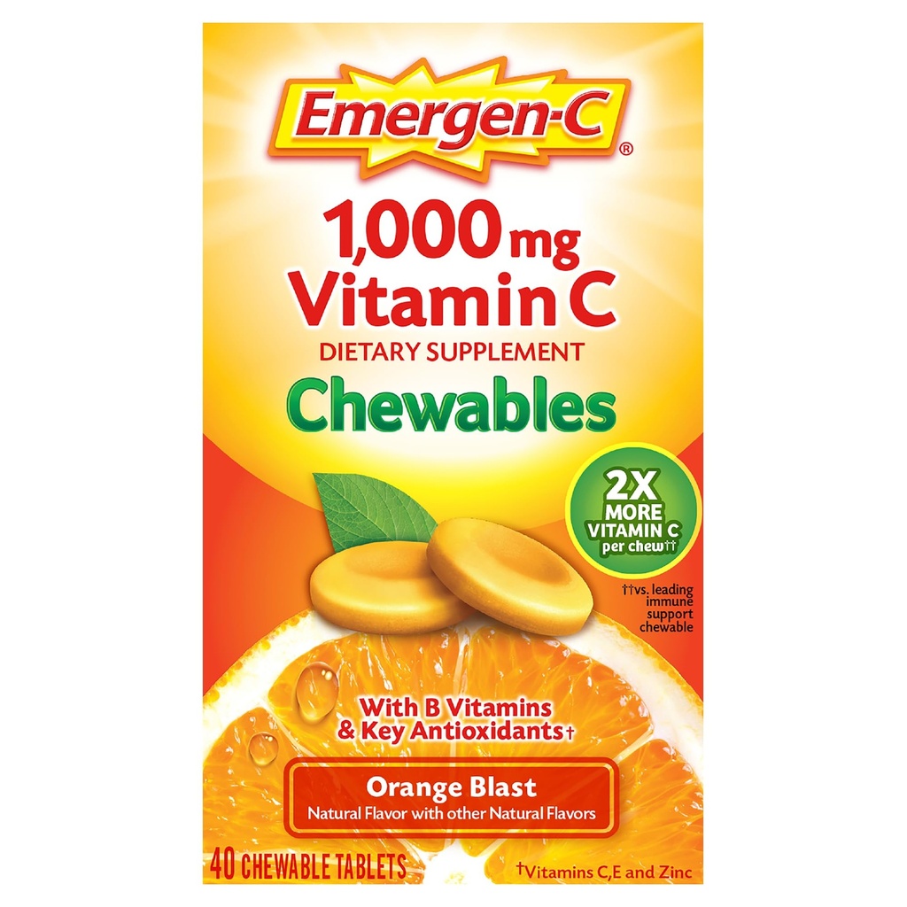 Emergen-C Chewable 비타민 C 1000mg, B 비타민과 산화 방지제 정제 (40 조사, 오렌지 돌풍 풍미), 규정식 보충교재