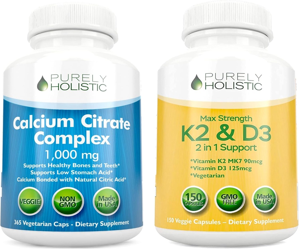 순수 홀리스틱 칼슘 시트레이트 복합 1000mg + 비타민 D3 125mcg K2 MK7 90mcg - 365 Vegan 캡슐 + 150 채식 캡슐 묶음 - 미국에서 만드는