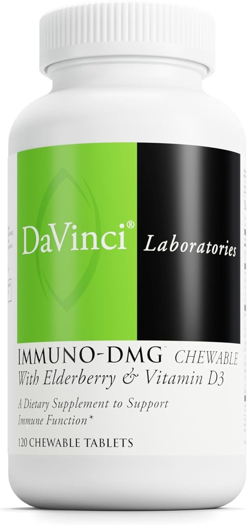 DAVINCI Labs Immuni-DMG Chewable with Elderberry and Vitamin D3 - 비타민 C, D3, E, Black Elderberry, DMG 및 더 - 120 Chewable 정제를 지원하는 다이어트 보충