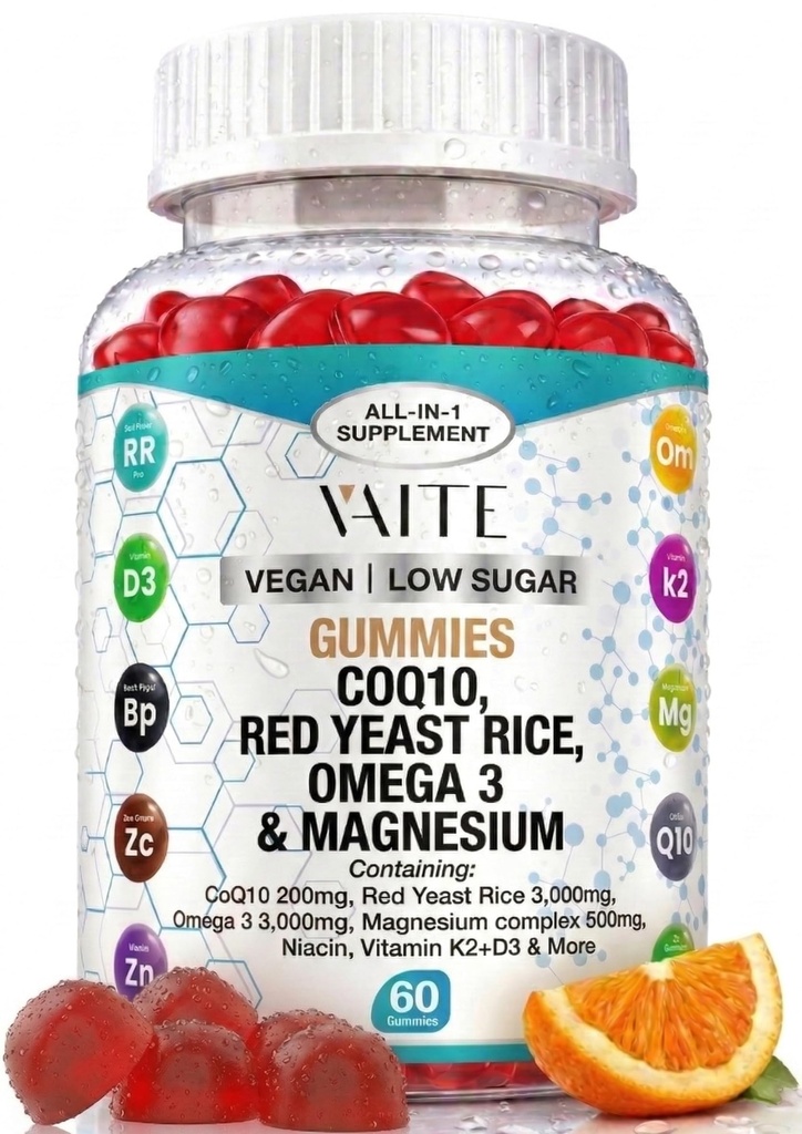 Red Yeast Rice & Magnesium Glycinate와 CoQ10 200mg Gummies – 전체 건강을위한 Omega-3, 아연 및 비타민 K2 + D3 - 성인을위한 보충제 - 60 Chewable Gummies