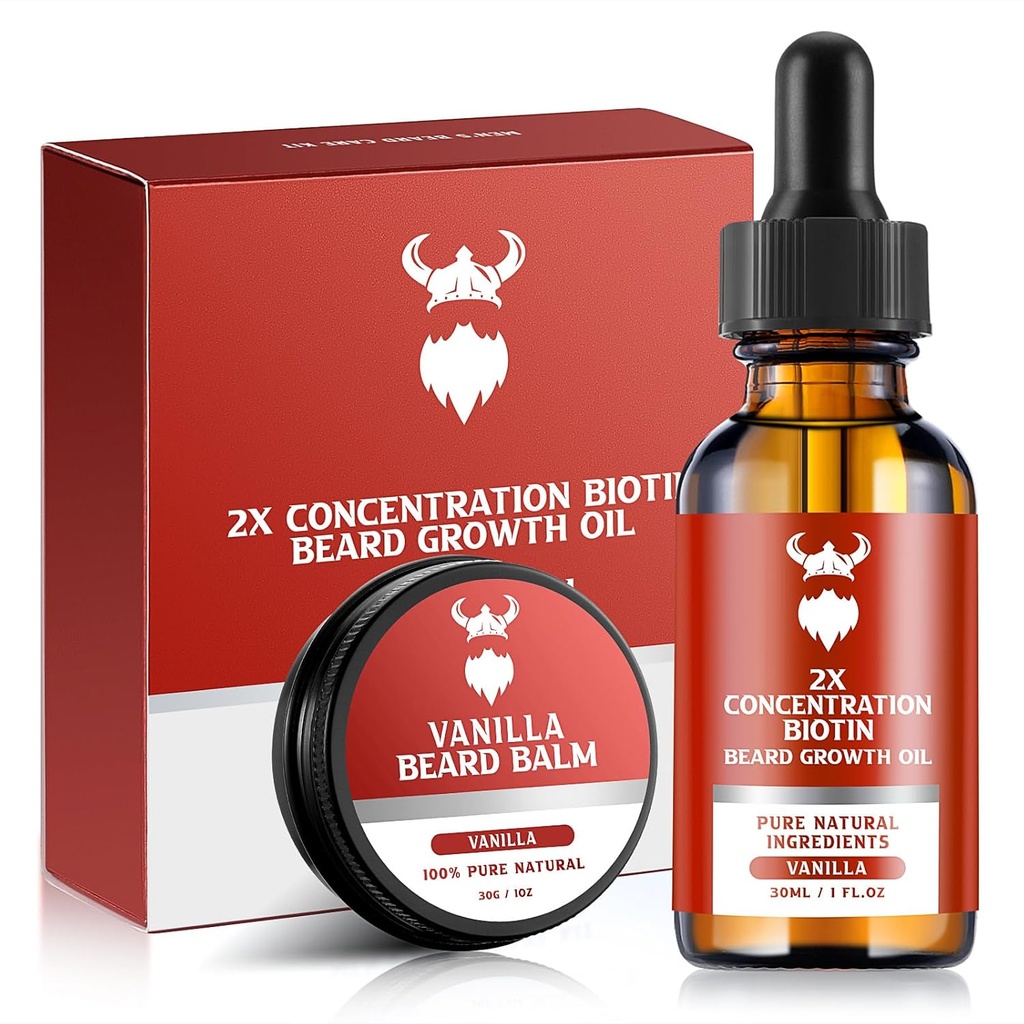 Beard Growth Kit - 남성용 2X 농축 Biotin, Argan Oil, Jojoba Oil 및 Vitamin (Vanilla) 천연 성분