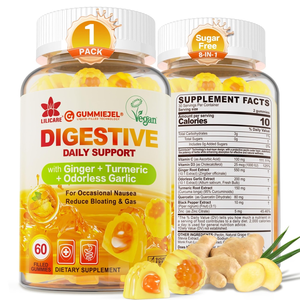 Ginger Chews Gummies for Nausea & Digestive Support, Stomach Relief - Turmeric & Odorless Garlic, Quercetin, 비타민 D3, C, Delicious Digestive Supplements, 60Cts (팩 1)
