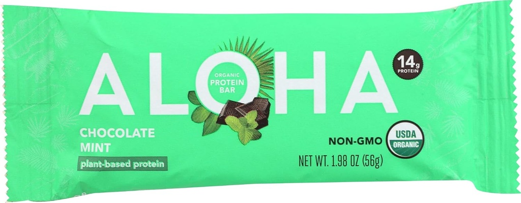 Aloha 유기 초콜릿 민트 단백질 바, 14g 식물 기반 단백질, USDA 인증 유기, 글루텐 무료 & 비 GMO, 56 Gm (12 팩)