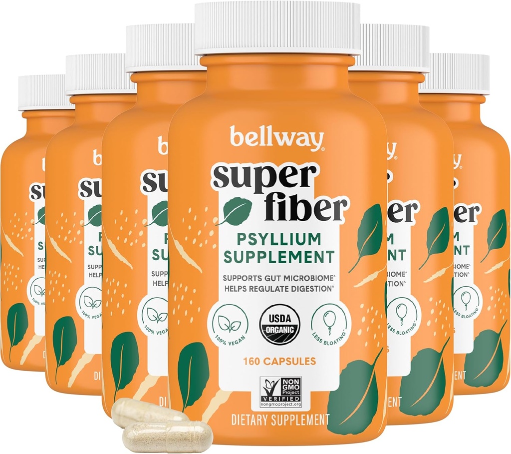 Bellway 슈퍼 섬유 캡슐 (6 팩) - USDA 유기 Psyllium Husk 캡슐 - 소화 건강 및 정기적 인 식물 기반 비 GMO, Kosher - 960 캡슐에 대한 매일 심리적 인 Husk 섬유 보충