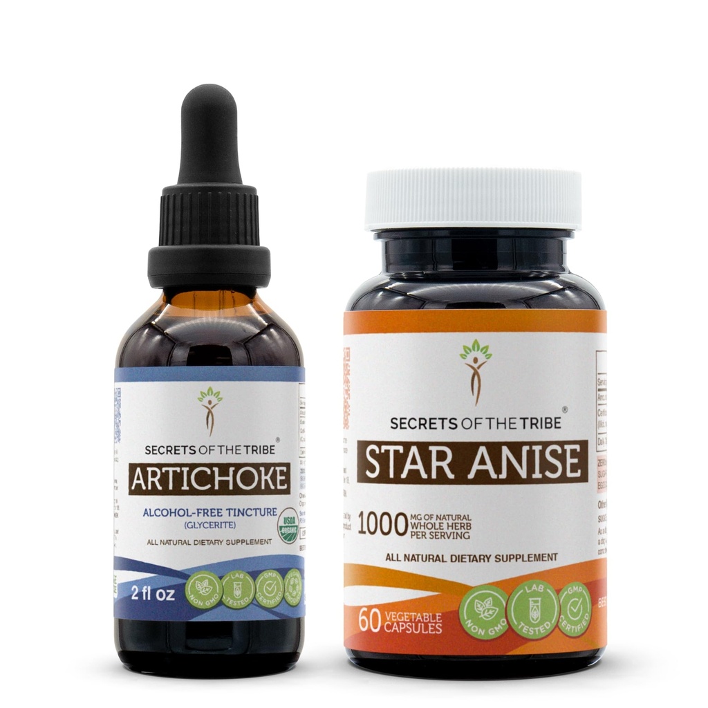 Artichoke USDA 유기와 별 Anise 캡슐 (2 PC.) | 알콜 자유로운 유기 Artichoke (Cynara scolymus) 말린 잎 2개 oz 및 1000 mg 별 Anise (Illicium verum) 말린 씨 (60의 캡슐)