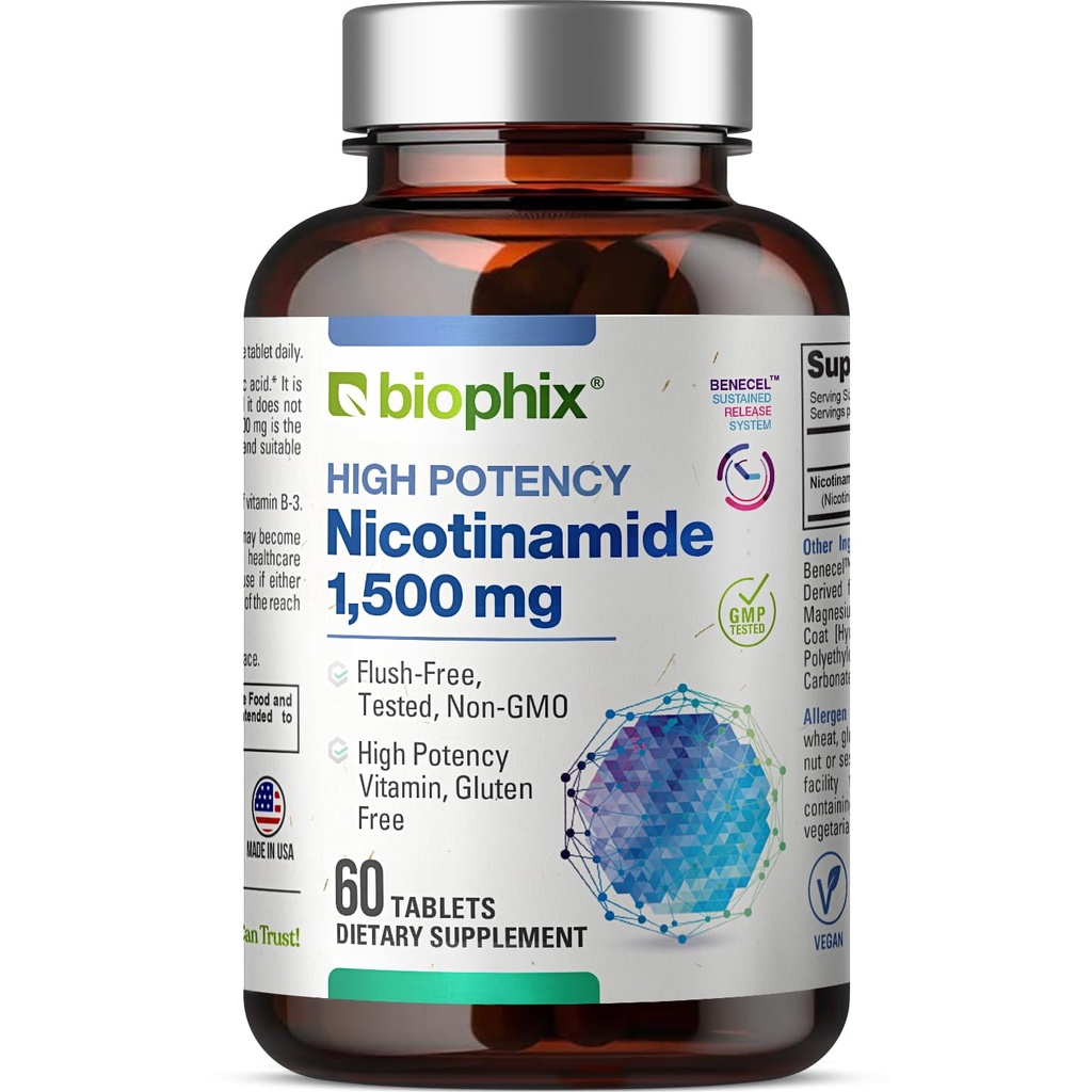 biophix B-3 Nicotinamide 1500 mg 60 정제 최대 힘 - Nicotinic Amide Niacin 자연적인 홍조 자유로운 비타민 공식 - 지원 피부 세포 건강