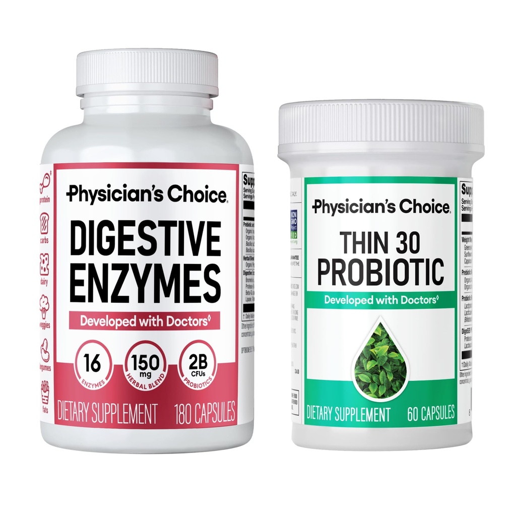 Physician's CHOICE - Bloat + 지원 무게 관리 번들 : 소화 효소 180ct + Thin-30 Probiotic 60ct - 가치 팩