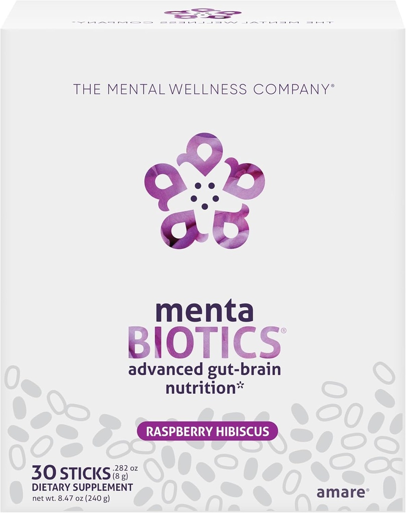 MentaBiotics® Advance Gut Brain Nutrition Prebiotics, Probiotic 및 Phytobiotics, Raspberry Hibiscus, 30 서빙