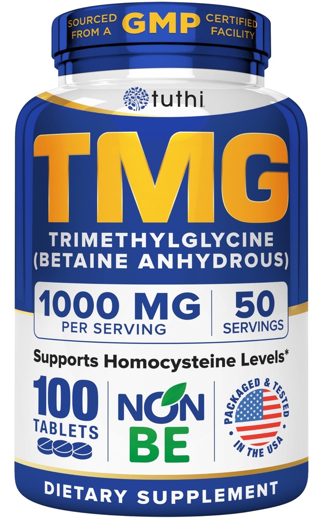 Tuthi TMG 보충교재 – 1000mg Trimethylglycine – 심장 혈관 지원과 건강한 Homocysteine 수준을 위한 betaine 아미노산 – 100 Vegan 정제 – 글루텐 자유로운, 비 GMO – 미국에서 만드는