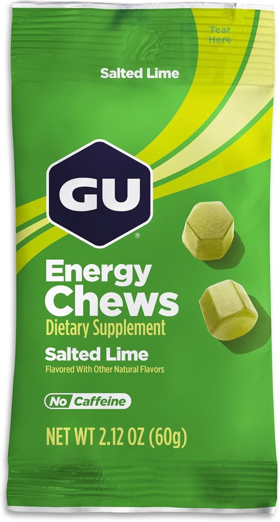GU Energy Chews, Electrolytes, Vegan, Gluten-Free, Kosher, Caffeine-Free, Dairy-Free On-The-Go Energy와 함께 솔질한 Lime Energy Gummies, 모든 운동을위한 12 봉지 (24 봉지 총)