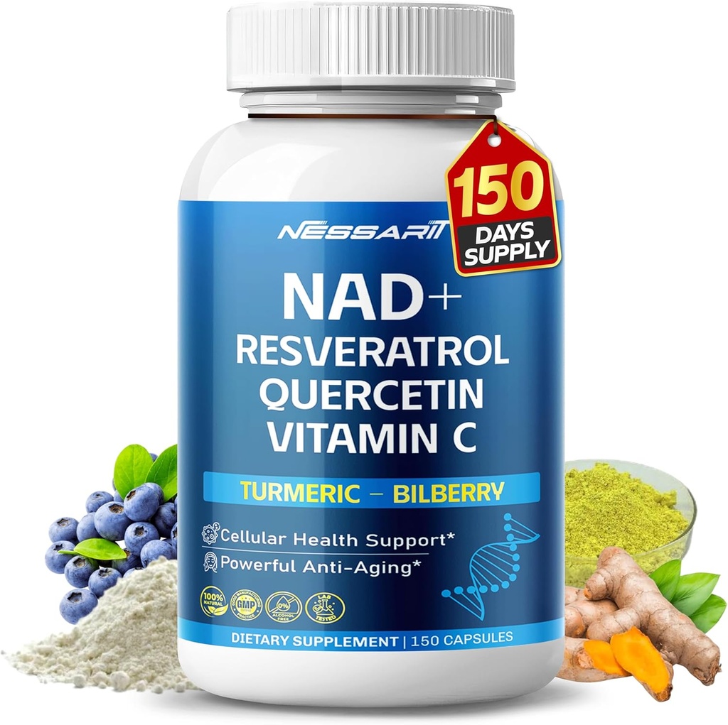 NAD + RESVERATROL 보충 - 10in-1 Quercetin Turmeric Berberine Bilberry Green Tea와 자연 혼합 - 150 Count - Made & Tested in the USA