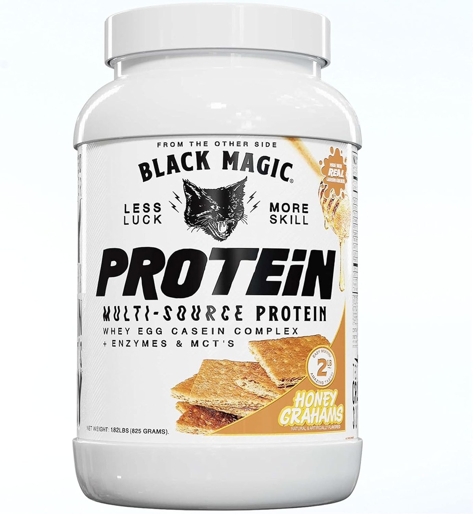Black Magic Multi-Source Whey Protein Powder - Whey, Egg, Casein Complex with Enzymes & MCT의 Keto, Low Sugar Pre/Post 운동 꿀 Graham Crackers 맛 24g 2 LB, 1 팩