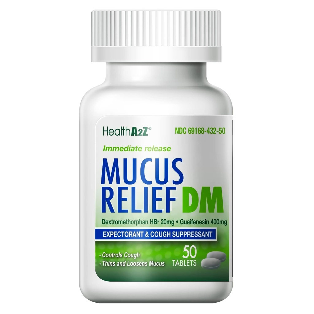 HealthA2Z® Mucus Relief DM | Dextromethorphan HBr 20mg | Guaifenesin 400mg | 벤젠 | 기침, Immediate 릴리스, Uncoated (50 개)