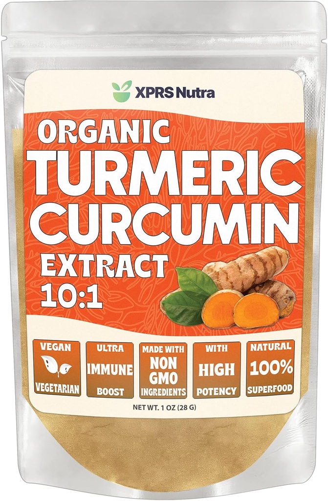 XPRS Nutra 유기 심황 쿠르쿠민 분말 추출물 10 : 1 - Immunity를위한 프리미엄 USDA 유기 쿠르쿠민 분말 - Gut Health (1 Ounce)을위한 Vegan 친절한 순수한 쿠르쿠민
