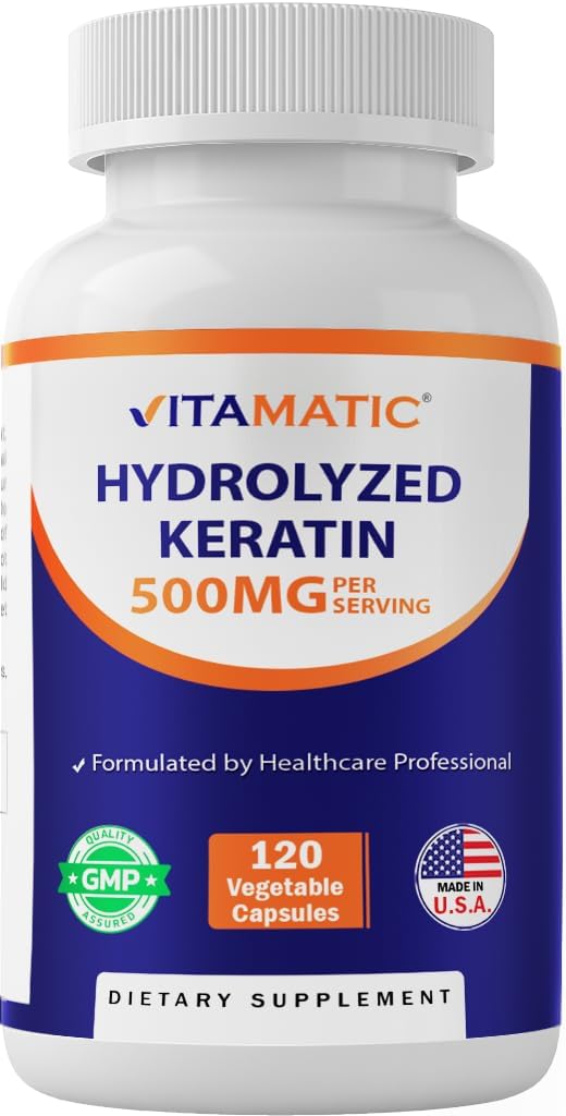 1 인분 당 Vitamatic Hydrolyzed Keratin 500mg - 120 채식 캡슐 - 성인을위한 건강한 머리 피부 및 손톱을위한 Keratin 보충제