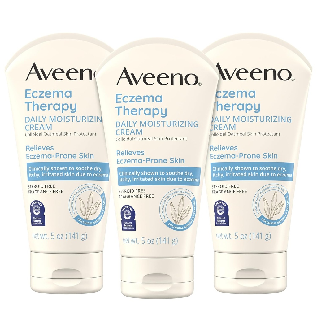 Aveeno Eczema 치료 민감한 피부를 위한 매일 습기를 공급 몸 크림, Soothing Eczema 기복 크림, 건조한 & Itchy 피부를 위한 Colloidal Oatmeal & Ceramide, 스테로이드 & 향수 자유로운, 5개 oz, 3의 팩