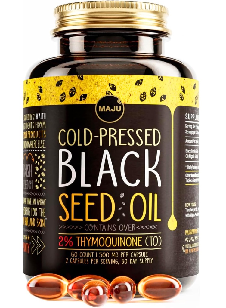 Maju Superfoods 검정씨 기름 캡슐 - 찬 압박되는, 2% Thymoquinone, 100% 터키 까만 Cumin Nigella Sativa씨 기름, 액체 순수한 Blackseed 60 조사, 캡슐 당 500mg