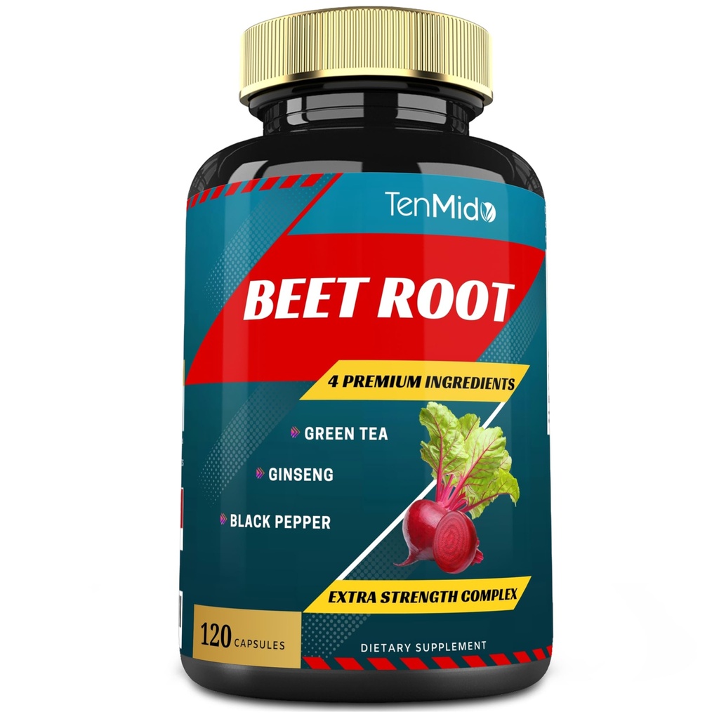 Beet 뿌리 추출물 캡슐, 4 개월 공급 & 녹차, 인삼, 블랙 페퍼 | 증가 에너지, 운동 성능 지원, 부스트 체력 | 영양 운동 보충제