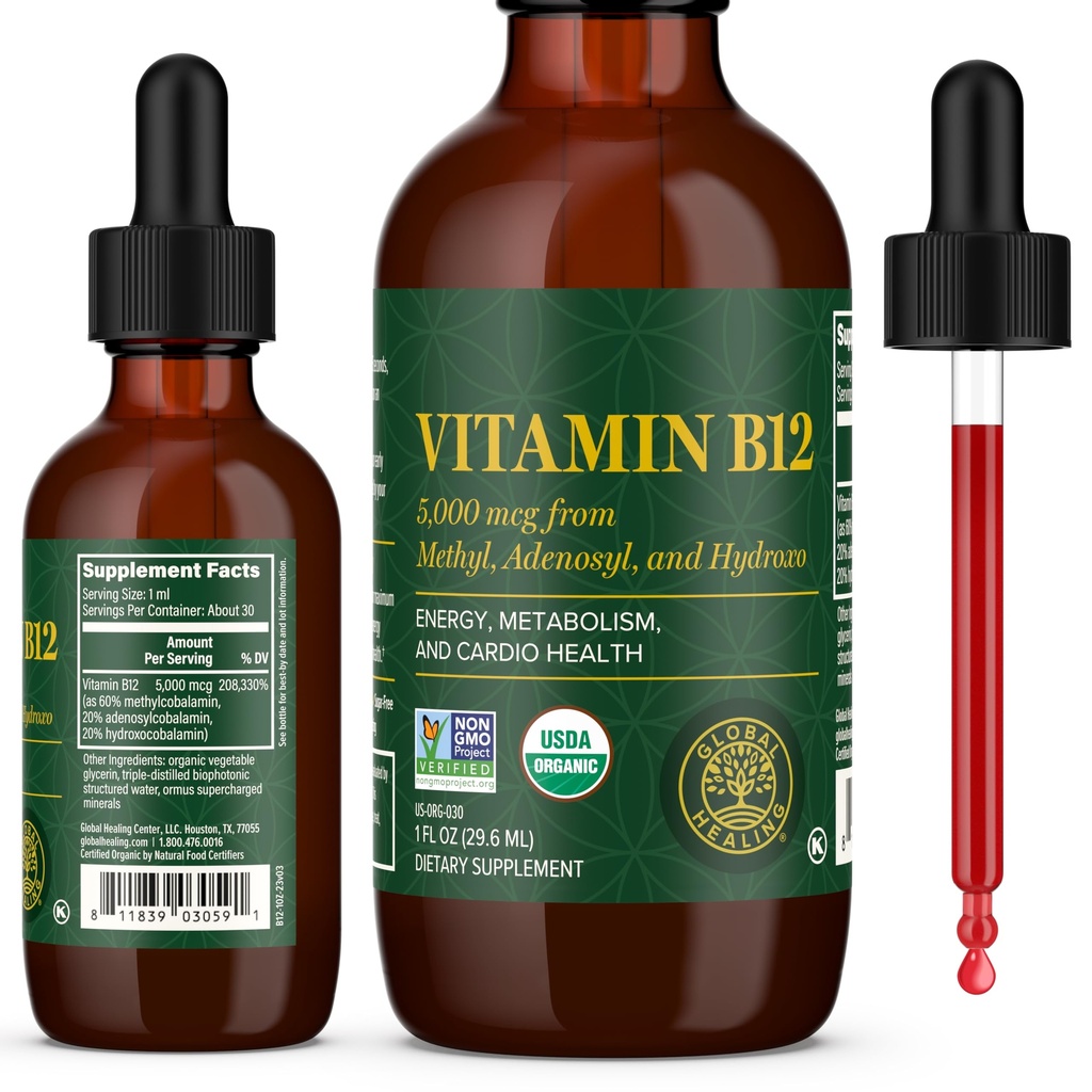 글로벌 치유 센터 - 비타민 B12 서브 언어 5000 MCG 유기 액체 보충, 메틸 코발라민, 아데노실코발라민, 하이드로 옥스 긴 지속 에너지 및 건강한 대사 - Vegan B12 비타민 (1 Oz)