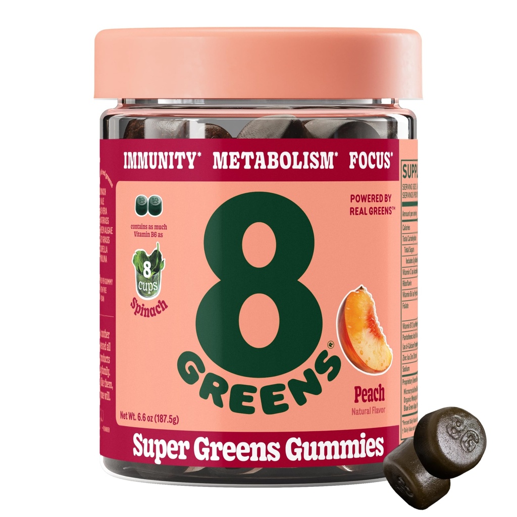 8Greens Supergreens Gummies | Metabolism, Immunity & Focus, Digestive Health Enzymes, Organic : Chlorella, Spirulina, Aloe Vera, 복숭아 맛, 50 개
