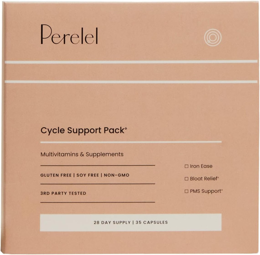 Perelel 주기 지원 팩, 철을 가진 매일 보충교재, 비타민 C, B12 & Bloat 및 PMS 지원 혼합, 콩, 낙농장 & 글루텐 자유로운, 비 GMO, 28 일 공급