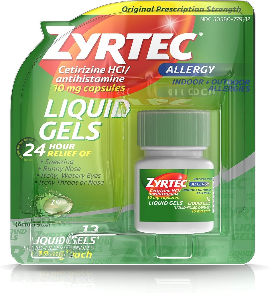 Zyrtec 24 시간 실내 & 옥외 알레르기 액체 젤, Cetirizine 염산염을 가진 항히스타민 캡슐 Allergy 안전, 12의 ct (2의 포장)
