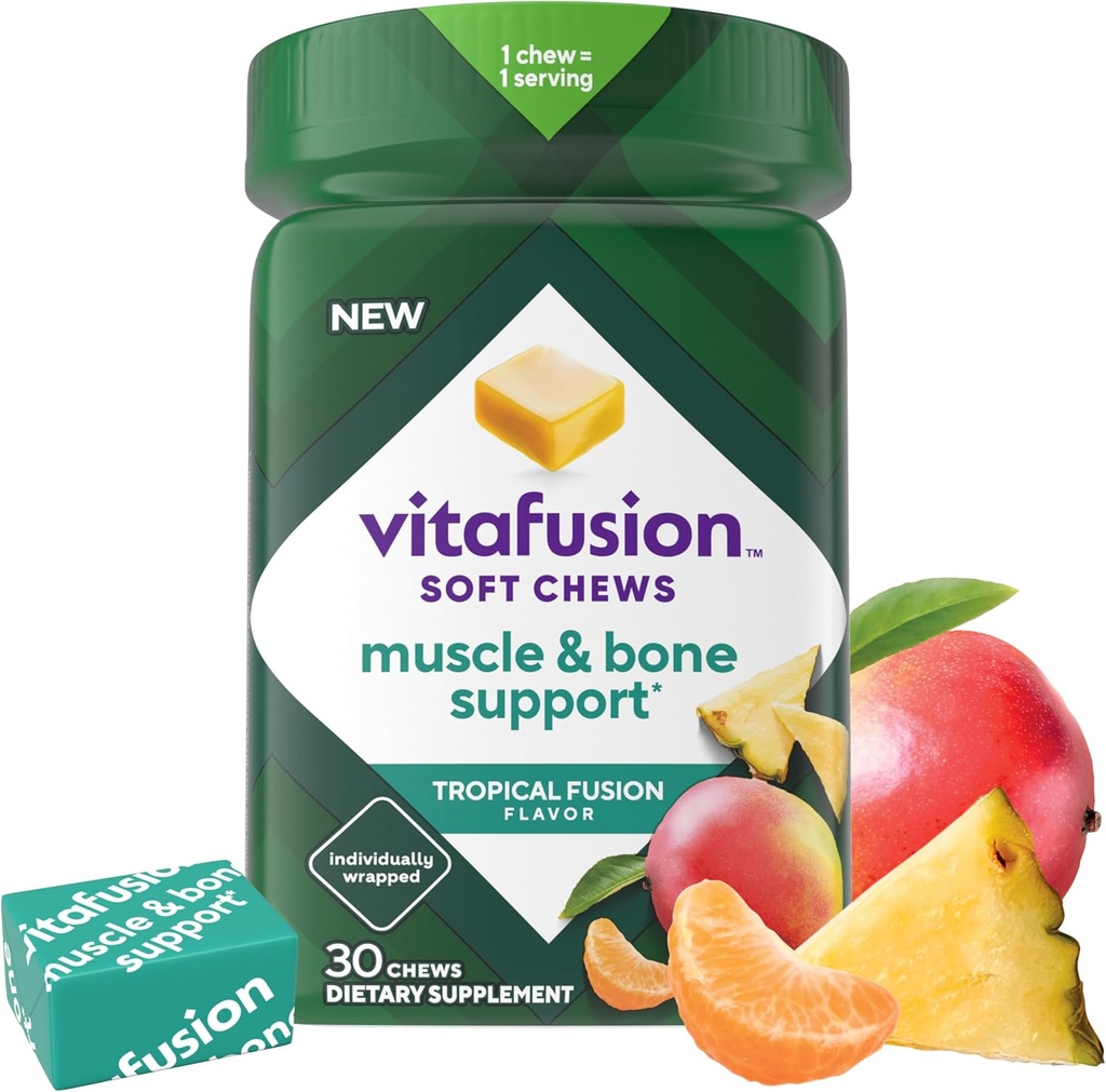 Vitafusion 연약한 Chews 근육 & 뼈 지원 (1), 뼈 & 근육 지원을 위한 성숙한 Chewable 비타민 D, 개인적으로 감싸이는, 열성 Fusion 풍미, 30 Chews, 30 일 공급