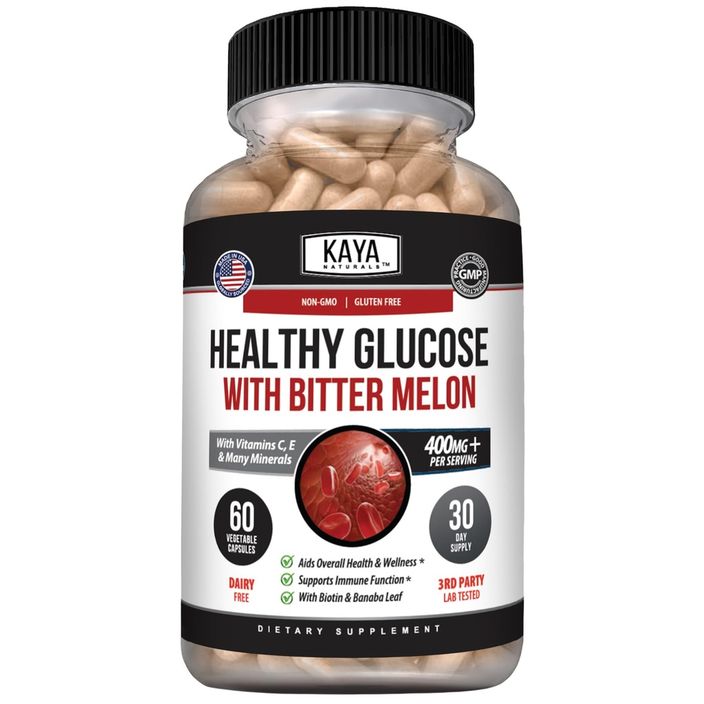 Kaya Naturals Bittermelon 보충교재를 가진 건강한 Gluco | 건강한 수준 및 기능, 20의 허브 비타민 및 무기물, 알파 Lipoic 산, 계피, 비타민 C & E의 비 GMO (60 조사)를 지원하십시오