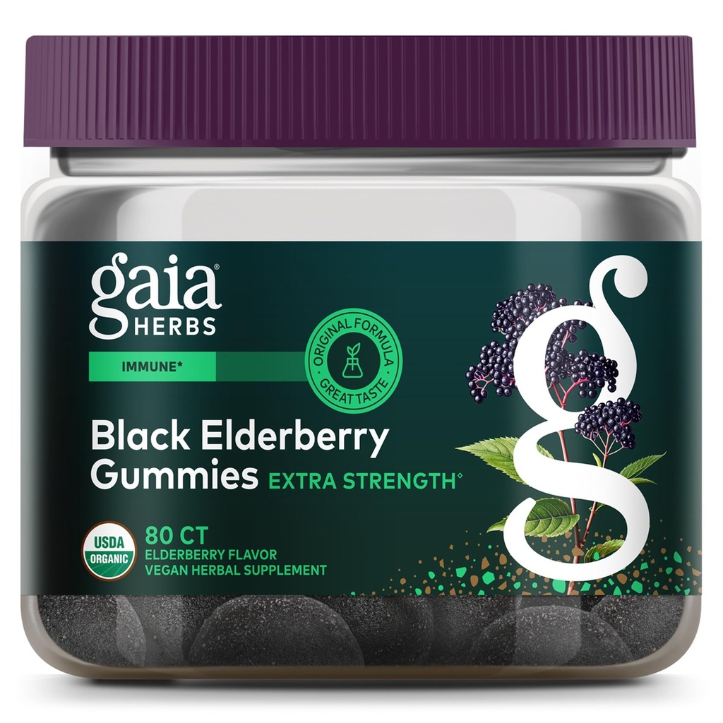 Gaia Herbs Black Elderberry (Sambucus Nigra) Extra Strength Gummies - 맛있는 면역 지원 보충 - Immune 시스템 지원을위한 인증 유기 블랙 Elderberry로 제작 - 80 Gummies