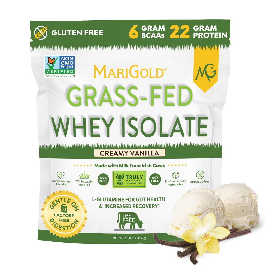 MariGold Grass-fed Whey Protein Isolate Powder - 크림 바닐라 맛 - 1 Lb Bag | 100 % 순수, 냉면, 마이크로 필터링, Undenatured, Non-GMO, rBGH 무료, Soy Free, 글루텐 무료, 락토스 무료
