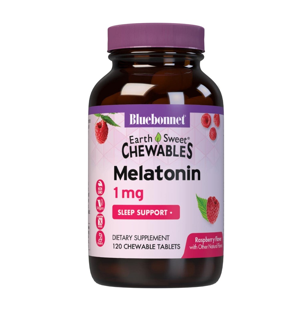 Bluebonnet 영양 EarthSweet Melatonin 1 mg 빠른 조정 빠른 용해 야간 휴식 및 휴식 수면 지원 - 수면 보조 - 글루텐 무료, Vegan - 라즈베리 맛 - 120 Chewable 정제