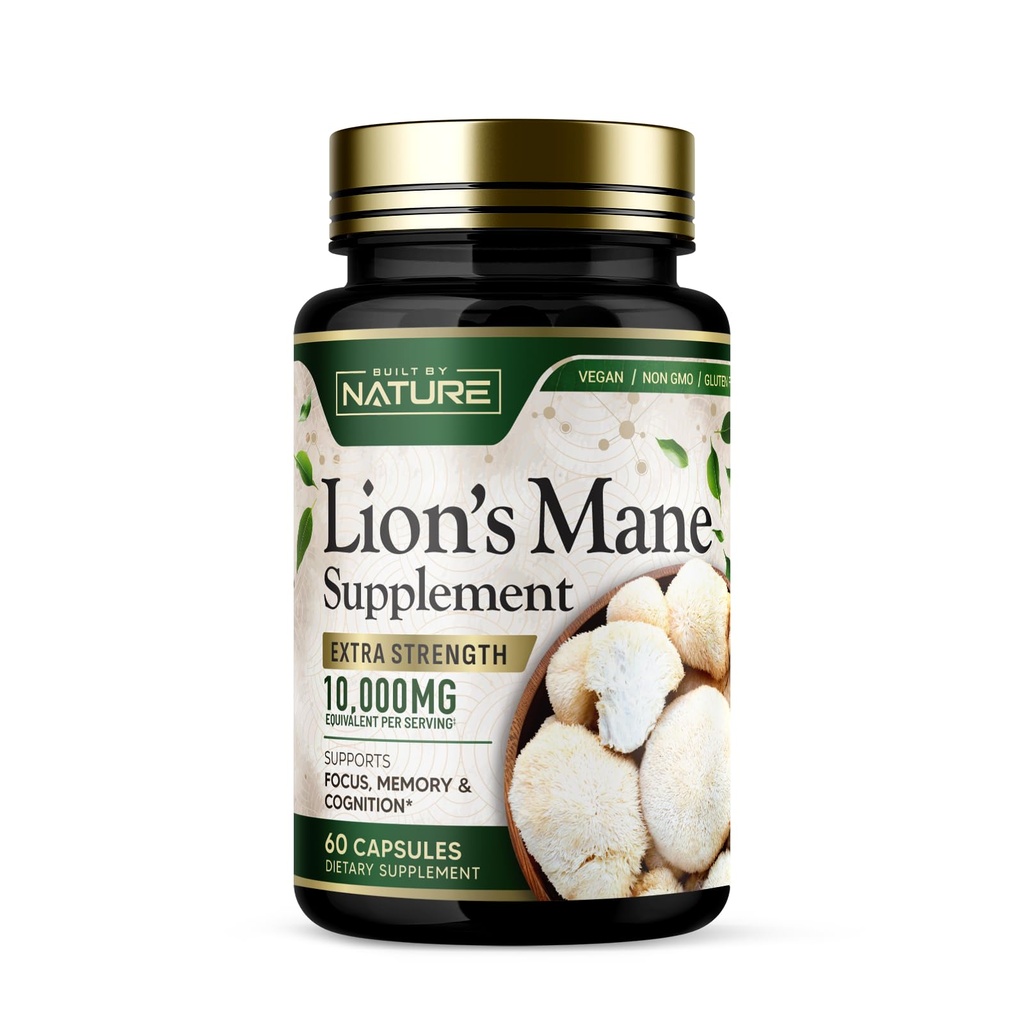 Nature Lion의 Mane 10,000mg – Nootropic Brain Support에 대한 추가 강도 버섯 보충 – 초점, 기억 및인지 기능 – 비 GMO, 글루텐 프리, Vegan - 60 캡슐