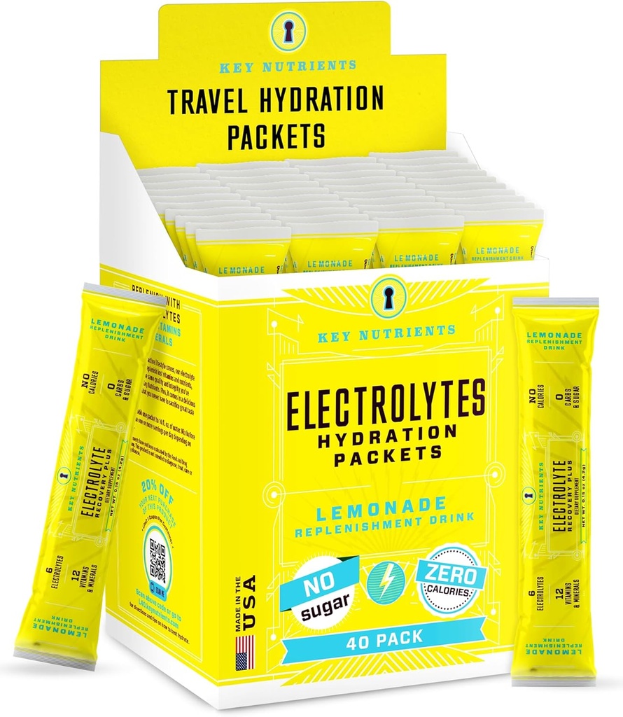 KEY NUTRIENTS Multivitamin Electrolytes Hydration Packets - Lemonade Post 운동 및 복구 40 팩 - 설탕 없음, 칼로리 없음 - 여행 Hydration Powder