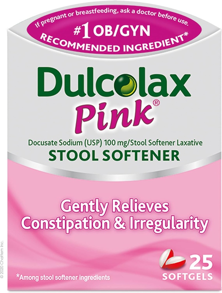 Dulcolax 분홍색 발판 연화제, 도쿠 산염 나트륨, 100 mg 연약한 젤 정제, 25 조사