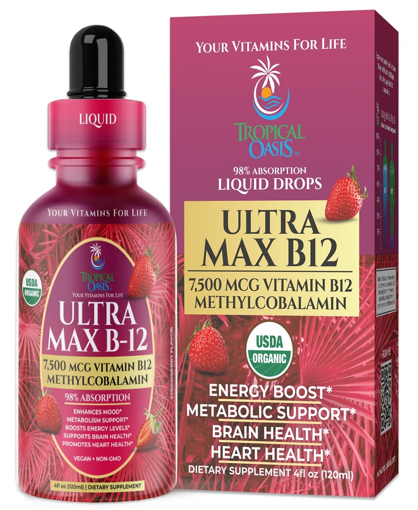 USDA 유기 울트라 맥스 B12 | Superdose 7500mcg 비타민 B12 액체 드롭 | B12 as Methylcobalamin| 최대 98 % 흡수율 | 에너지 촉진|Vegan, Non-GMO, Strawberry flavor -4oz