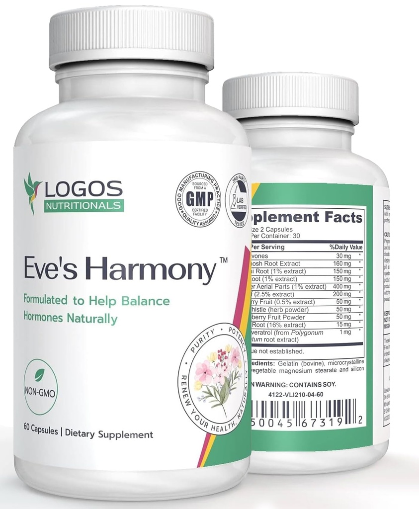 Eve's Harmony Menopause 보충교재, Soy Isoflavones, Black Cohosh & Red Raspberry, Non-GMO Natural PMS & Menopausal Symptom 지원, 60 캡슐을 가진 여성을 위한 호르몬 지원