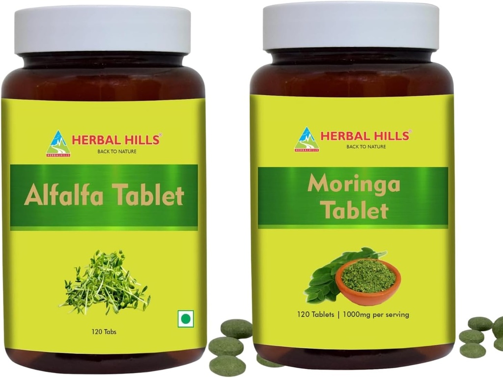 HERBAL HILLS Alfalfa 정제 및 Moringa 잎 정제 팩 2 콤보