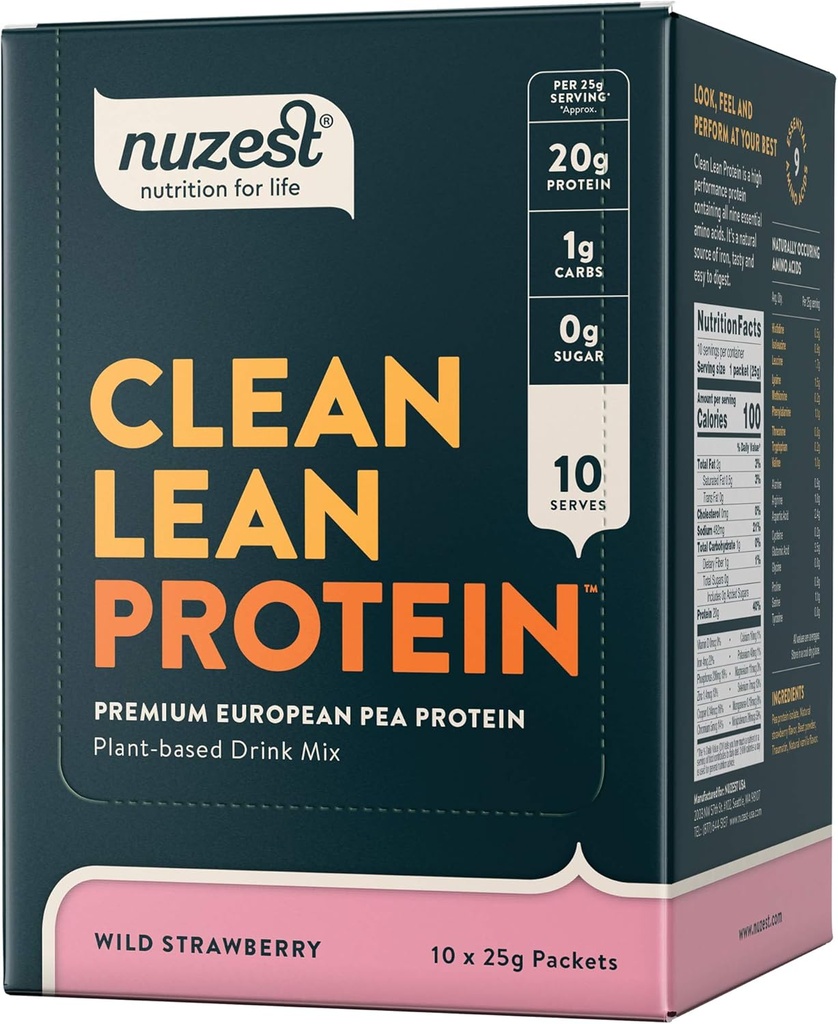Nuzest - Pea Protein Powder - Clean Lean Protein, Premium Vegan Plant 기반 단백질 분말, Dairy Free, Gluten Free, GMO Free, Protein Shake, Wild Strawberry, 0.9 oz, (10 포장)